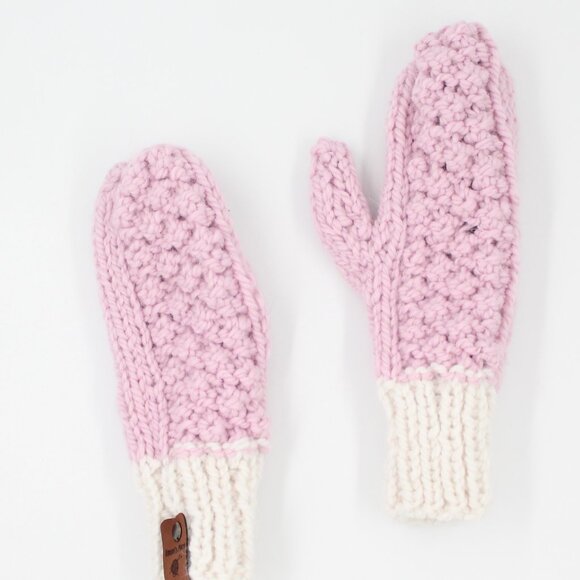Handmade Hand Knit Chunky Knit Chill Chaser Pink and White Alpaca Wool Mittens - Picture 2 of 3